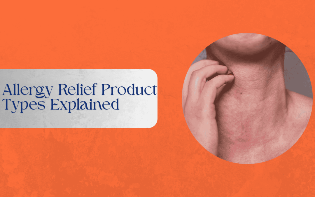 A variety of allergy relief products displayed on a table, including over-the-counter medications, nasal sprays, and natural remedies.